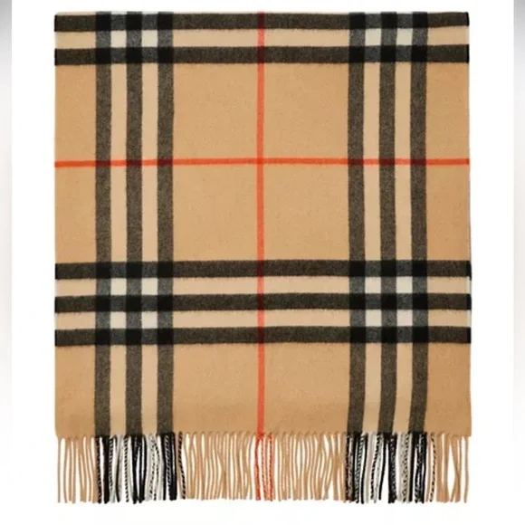 NWT Burberry Check Cashmere Scarf Tan Beetroot Classic Plaid